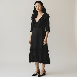 1950s Vintage Black Ruffle Midi Dress Handmade by Saks Fifth Avenue Seamstress